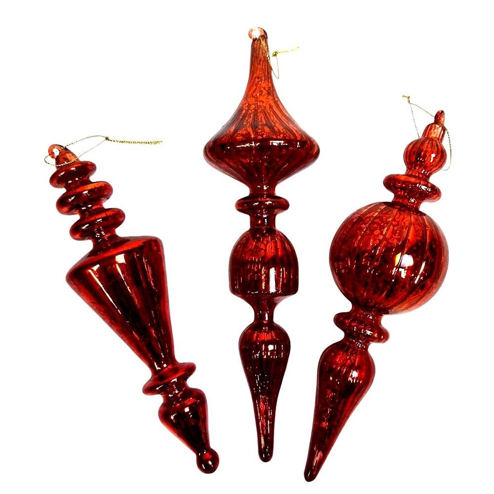 Red Mercury Glass 9" to 11" Vintage Finial Christmas Ornaments-Stunning-Set of 3